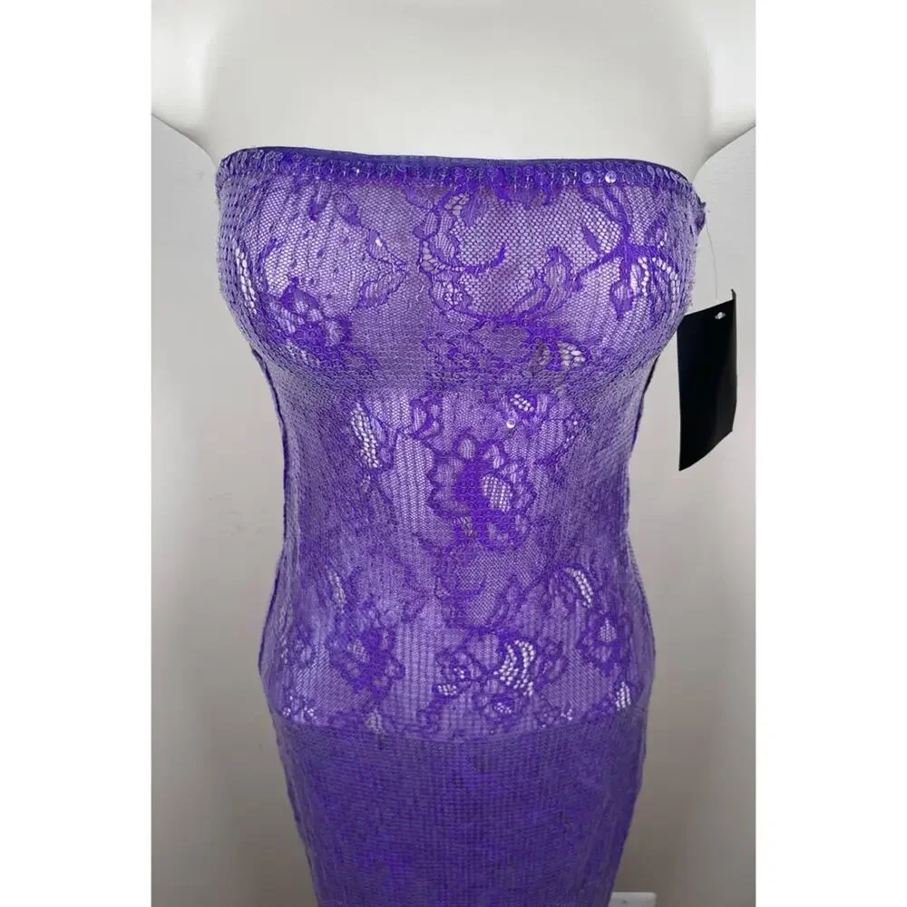 RETROFETE Lucia Sequin Strapless Bodycon Lace Sheer Purple Maxi Dress Size XXS - Picture 6 of 12